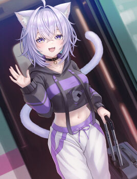 1girl absurdres ahoge animal_collar animal_ear_fluff animal_ears black_collar black_hoodie blurry blurry_background blush breasts cat_ears cat_girl cat_tail collar commentary_request cropped_hoodie food food_print hair_between_eyes highres holding holding_suitcase hololive hood hood_down hoodie long_sleeves looking_at_viewer midriff navel nekomata_okayu nekomata_okayu_(1st_costume) onigiri onigiri_print onigirysenbei open_mouth pants purple_eyes purple_hair purple_tail shirt short_hair sleeves_past_wrists smile solo stomach suitcase tail virtual_youtuber white_pants