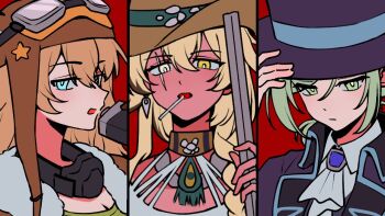 Rule 34 | 3girls, argus (reverse:1999), ascot, aviator cap, blonde hair, blue eyes, boater hat, brown hat, brown jacket, coat, collared shirt, cowboy shot, goggles, goggles on headwear, grey eyes, grey hair, gun, haihaiera, hand on headwear, hat, heterochromia, holding gun barrel, jacket, lilya (reverse:1999), lollipop in mouth, long hair, looking at viewer, mask, mask around neck, multiple girls, oxygen mask, portrait, purple coat, purple hat, red background, reverse:1999, rifle, scar, scar across eye, scar on face, shirt, short hair, tank top, triptych (art), vertin (reverse:1999), weapon, white ascot, white shirt, white tank top, yellow eyes