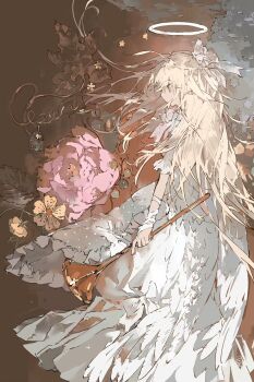 1girl blonde_hair brown_background brown_eyes chinese_commentary commentary_request dress flower from_side hair_ribbon halo highres holding holding_instrument horn_(instrument) instrument leaf long_hair original pink_flower ribbon short_sleeves solo vihua6 white_dress white_ribbon yellow_flower