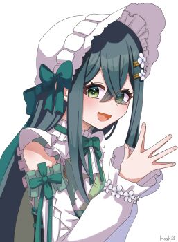 1girl :d absurdres bare_shoulders blush bonnet collar colored_inner_hair crossed_bangs detached_sleeves flower-shaped_pupils flower_hairpin frilled_bonnet frilled_collar frills from_side green_eyes green_hair green_kimono green_ribbon hair_ribbon highres hosimi_3499 japanese_clothes kimono long_hair long_sleeves looking_at_viewer multicolored_hair neck_ribbon nijisanji open_mouth palms_together ribbon signature simple_background smile solo symbol-shaped_pupils togawa_nonoha upper_body virtual_youtuber white_background white_bonnet white_sleeves