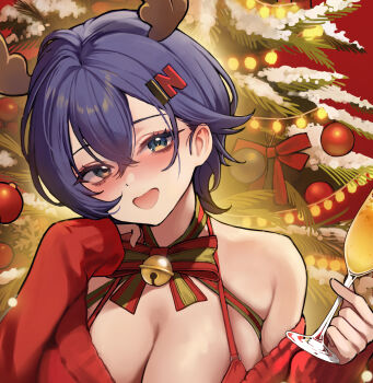 1girl bell belle_(zenless_zone_zero) blue_eyes blush bow bowtie bra breasts christmas_tree cleavage commentary crossed_bangs cup double-parted_bangs ear_blush glass hair_between_eyes hair_ornament hands_up highres holding holding_cup large_breasts letter_hair_ornament long_bangs long_sleeves looking_at_viewer neck_bell off-shoulder_sweater off_shoulder open_mouth purple_hair red_bra red_sweater short_hair sleeves_past_wrists smile solo striped_bow striped_bowtie striped_clothes sweater underwear unfinished upper_body yuna_(deadawon) zenless_zone_zero