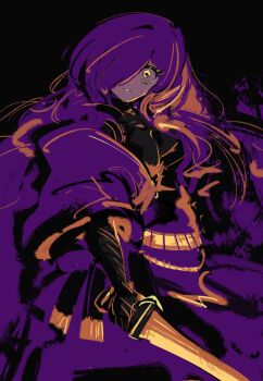 absurdres black_background centurii-chan hair_over_one_eye highres holding holding_sword holding_weapon limited_palette looking_at_viewer original praetorian_(centurii-chan) purple_hair sword weapon