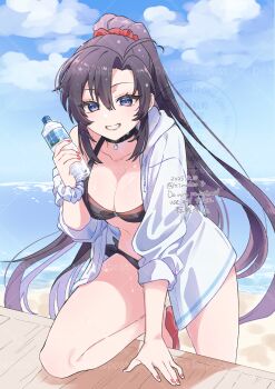 1girl ahoge alternate_costume arm_support beach bikini black_bikini black_choker black_hair blue_eyes blue_sky blush bottle breasts choker cleavage cloud cloudy_sky collarbone dated day eyelashes genderswap genderswap_(mtf) grin hair_between_eyes hand_up high_ponytail highres holding holding_bottle hood hood_down hooded_jacket horizon jacket kimako_(kimako_8) large_breasts leaning_forward long_hair long_sleeves looking_at_viewer modao_zushi nail_polish navel ocean off_shoulder open_clothes open_jacket outdoors ponytail red_nails red_sandals red_scrunchie sand sandals scrunchie sidelocks single_bare_shoulder sky smile solo summer swimsuit teeth twitter_username very_long_hair water water_bottle water_drop watermark watermark_grid wei_wuxian wet wet_hair white_jacket white_scrunchie wrist_scrunchie