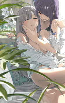 2girls =_= bandaged_arm bandages bandaid bandaid_on_arm bandaid_on_face bandaid_on_forehead bare_legs black_bra blunt_bangs blurry blurry_foreground blush bra breasts cheek_squash commentary convenient_arm depth_of_field diagonal_bangs earrings fingernails flower gauze_on_chest grey_hair hair_bun highres idolmaster idolmaster_shiny_colors indoors jewelry long_hair looking_at_another medium_breasts multiple_girls nail_polish no_pants noeru orchid panties purple_hair shirt single_side_bun smile straight_hair stud_earrings tanaka_mamimi underwear very_long_hair white_flower white_panties white_shirt yukoku_kiriko yuri