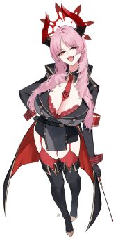 1girl absurdres blue_archive bra bra_peek breasts cleavage commentary_request fangs full_body garter_straps halo highres horns kajuu large_breasts long_hair mole mole_on_breast multicolored_horns open_mouth pink_hair red_bra red_garter_straps red_halo red_horns red_thighhighs red_wrist_cuffs satsuki_(blue_archive) signature simple_background smile solo thighhighs two-tone_horns underwear white_background wrist_cuffs