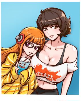 2girls ajcrowned breasts cleavage cosplay costume_switch drink female_focus glasses headphones highres kawakami_sadayo large_breasts long_hair midriff multiple_girls navel orange_hair persona persona_5 purple_eyes sakura_futaba short_hair