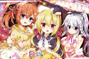 5girls 9-nine- :d ahoge alternate_costume apron arihara_nanami bare_shoulders birthday birthday_cake black_capelet black_hat blonde_hair blue_eyes blush bow braid breasts butterfly_hair_ornament cafe_stella_to_shinigami_no_chou cake candle candlelight capelet chibi chibi_inset cleavage colored_eyelashes company_connection cowboy_shot crossover drop_shadow dutch_angle eyelashes food frilled_apron frills garrison_cap gloves grey_hair grin hair_between_eyes hair_bow hair_intakes hair_ornament hand_up hands_up happy hat heart heart_in_eye highres imoe_(1017933989) large_breasts long_hair low_twintails multiple_crossover multiple_girls naked_ribbon niimi_sora open_mouth orange_hair original pink_bow plaid_clothes plaid_collar puffy_short_sleeves puffy_sleeves purple_eyes red_bow red_eyes ribbon riddle_joker shirt short_sleeves side_ponytail sidelocks single_braid skindentation smile smug star_(symbol) striped_clothes striped_shirt sumizome_nozomi symbol_in_eye twintails upper_body v v-shaped_eyebrows vertical-striped_clothes vertical-striped_shirt very_long_hair waist_apron waitress white_apron white_gloves yellow_shirt yuzu-soft