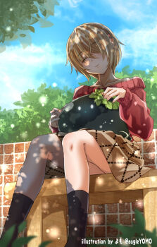 1girl 1other absurdres artist_name brown_hair commentary_request hair_over_one_eye heaven_burns_red highres kayamori_ruka narby_(heaven_burns_red) on_bench red_eyes rock short_hair sitting slime_(creature) tree_shade twitter_username yomo