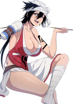 Rule 34 | 1girl, absurdres, amputee, aqua eyes, arm tattoo, bandaged arm, bandaged head, bandaged leg, bandages, bare arms, black hair, bleach, breasts, cleavage, clothing cutout, collarbone, commentary request, crossed legs, dress, eyelashes, foot out of frame, hair between eyes, highres, hip vent, holding, holding smoking pipe, huge breasts, lips, long hair, looking at viewer, mature female, nishizuki shino, nose, open mouth, red dress, shiba kuukaku, simple background, sitting, sleeveless, sleeveless dress, smile, smoking pipe, solo, spiked hair, tattoo, teeth, thighs, tsurime, v-shaped eyebrows, white background