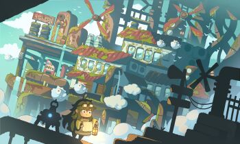 1girl ahoge apokarihardcore bird black_eyes blue_sky closed_mouth cloud commentary_request day fantasy fish goggles goggles_on_head green_hair holding holding_lantern lantern long_hair original outdoors scenery sky solo stairs windmill