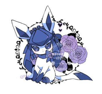 animal_focus blue_eyes bow closed_mouth commentary_request flower frills gen_4_pokemon glaceon hat heart looking_at_viewer miikagell nintendo no_humans pokemon pokemon_(creature) pokemon_focus purple_flower purple_rose rose simple_background sitting solo twitter_username white_background