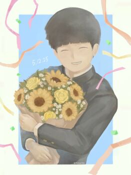 Rule 34 | 1boy, black hair, blue border, border, bouquet, bowl cut, closed eyes, closed mouth, commentary, dated, facing viewer, flower, gakuran, grin, highres, holding, holding bouquet, kageyama shigeo, male focus, marcycraby, mob psycho 100, outside border, school uniform, short hair, smile, solo, untranslatable commentary, twitter username, upper body, white border