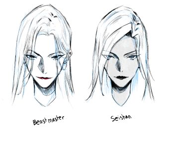 Rule 34 | 2girls, beastmaster (shadow slave), character name, commentary, curtained hair, english commentary, hatching (texture), highres, looking at viewer, multiple girls, partially colored, portrait, red lips, seishan, shadow slave