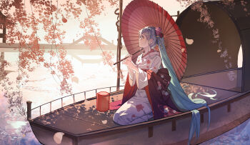Rule 34 | 1girl, absurdres, blue hair, commentary request, floral print, floral print kimono, from side, hatsune miku, highres, japanese clothes, keaph, kimono, long hair, long sleeves, looking to the side, oil-paper umbrella, outdoors, print kimono, red umbrella, solo, umbrella, very long hair, vocaloid, white kimono, wide sleeves