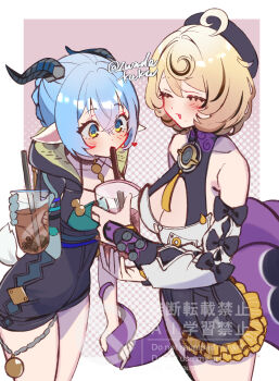 2girls animal_ears bare_shoulders beret black_hat black_horns black_shorts black_unitard blonde_hair blue_hair blush border breasts bubble_tea button_gap choker cleavage closed_eyes collarbone commentary_request crossed_bangs cup detached_sleeves drinking drinking_glass drinking_straw goat_ears goat_girl goat_horns goat_tail hair_between_eyes hat heart high-waist_shorts highres holding holding_cup horns key key_choker large_breasts lucia_elowen mole mole_under_mouth multiple_girls open_mouth pink_background pointy_ears shirt shorts tail tentacle_girl tentacle_tail tentacles twitter_username white_border white_shirt yellow_eyes yidhari_murphy zenless_zone_zero zunda_kaku