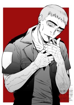 1boy border cheekbones cigarette greyscale_with_colored_background highres jacket jewelry lighting_cigarette male_focus nanu_(pokemon) nazuka_jyo nintendo old old_man open_clothes open_jacket own_hands_together pendant pokemon pokemon_sm red_background shirt short_hair short_sleeves simple_background solo upper_body veins veiny_arms watermark white_border z-crystal