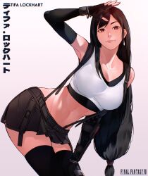 Rule 34 | 1girl, arm up, armpits, bare shoulders, black gloves, black hair, black skirt, black sports bra, black thighhighs, bracelet, breasts, cesar art456, character name, closed mouth, collarbone, commentary, commission, copyright name, cowboy shot, crop top, earrings, elbow gloves, english commentary, final fantasy, final fantasy vii, final fantasy vii rebirth, final fantasy vii remake, fingerless gloves, gloves, gradient background, hand on own thigh, hand to head, highres, jewelry, large breasts, leaning forward, lips, long hair, looking at viewer, low-tied long hair, midriff, navel, red eyes, single earring, single sidelock, skirt, solo, sports bra, suspender skirt, suspenders, swept bangs, tank top, teardrop earrings, thighhighs, tifa lockhart, very long hair, white tank top, zettai ryouiki