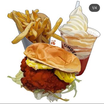 bread bread_bun burger chicken_(food) fast_food food food_focus french_fries ice_cream no_humans original simple_background soft_serve studiolg white_background