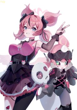 Rule 34 | 2girls, absurdres, aria (discordant note) (zenless zone zero), aria (zenless zone zero), arm up, bare shoulders, black bow, black bridal gauntlets, black choker, black dress, black hair, black sclera, black streaks, black thighhighs, blue eyes, blush, bow, breasts, bridal gauntlets, choker, colored sclera, commentary request, cowboy shot, crossed bangs, dress, dual persona, frilled dress, frills, green eyes, grin, hair between eyes, hair bow, highres, humanoid robot, medium breasts, multiple girls, nekomiya mint, official alternate costume, open mouth, pink hair, robot, robot girl, simple background, single thighhigh, skull ornament, smile, thighhighs, v, white background, wings, zenless zone zero