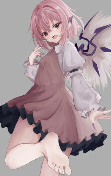 Rule 34 | 1girl, :d, absurdres, animal ears, atory, barefoot, bird ears, bird wings, brown dress, dress, fang, feathered wings, feet, grey background, grey eyes, highres, mystia lorelei, open mouth, pink hair, puffy sleeves, simple background, skin fang, smile, touhou, white sleeves, wings