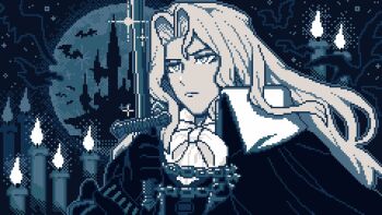 1boy alucard_(hellsing) candle cape castle castlevania:_symphony_of_the_night castlevania_(series) chain commentary_request expressionless frown glint gloves highres holding holding_sword holding_weapon keiseki1 limited_palette long_hair male_focus pixel_art simple_bat solo sword weapon