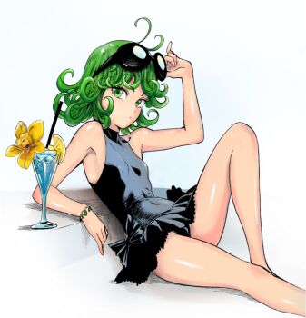1girl adjusting_eyewear armpits bare_arms bare_shoulders bikini black_bikini black_one-piece_swimsuit bracelet breasts covered_navel cup drink drinking_glass drinking_straw eyewear_on_head female_focus flower food frilled_bikini frilled_one-piece_swimsuit frills fruit full_body green_eyes green_hair hand_on_eyewear highres jewelry looking_at_viewer murata_yuusuke one-piece_swimsuit one-punch_man orange_(fruit) orange_slice short_hair skirt sleeveless small_breasts solo sunglasses swimsuit tatsumaki