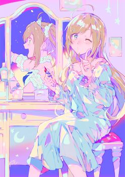 1girl bare_shoulders bottle chair commentary_request desk dress green_eyes highres idolmaster idolmaster_cinderella_girls lipstick long_hair makeup mirror nintendo open_mouth perfume_bottle pokemon pokemon_(creature) sato_shin sitting smile white_dress yuuichi_(bobobo)