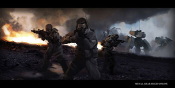 Rule 34 | artist request, assault rifle, battle gear, gas mask, gun, heavy machine gun, holding, holding weapon, machine gun, mask, mecha, metal gear (series), metal gear solid v: the phantom pain, rifle, robot, smoke, soldier, weapon