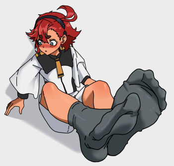 1girl black_socks blue_eyes blush feet gundam gundam_suisei_no_majo highres long_hair looking_to_the_side parted_lips paxa349 red_hair socks soles suletta_mercury toes