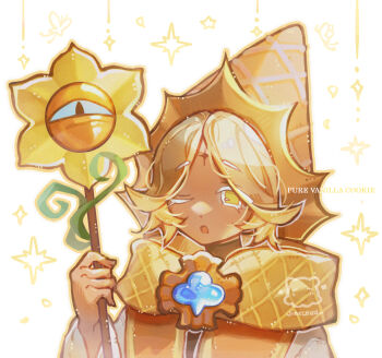 1boy black_shirt blonde_hair blue_gemstone brooch bug butterfly character_name colored_eyelashes commentary cookie_run cookie_run:_kingdom dark-skinned_male dark_skin disembodied_eye dot_nose english_commentary expressionless eyes_visible_through_hair fingernails flower gem hat hexagram highres holding holding_staff humanization insect jewelry jinxchuu light_blush long_sleeves male_focus one_eye_closed open_mouth outline photoshop_(medium) pure_vanilla_cookie robe shirt short_hair simple_background solo staff stole sunflower turtleneck turtleneck_shirt upper_body white_background white_robe wide_sleeves yellow_eyes yellow_flower yellow_hat yellow_outline