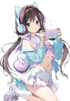 1girl animal_ear_headphones animal_ears blue_jacket bow bowtie brown_hair cat_ear_headphones cat_ears commentary_request crop_top crop_top_overhang fake_animal_ears frilled_shirt frills green_eyes handheld_game_console headphones highres holding holding_handheld_game_console hoshimiya_amane_(karory) jacket karory leg_up long_hair long_sleeves looking_at_viewer low_twintails midriff miniskirt navel open_clothes open_jacket original pink_shirt pleated_skirt purple_sailor_collar sailor_collar see-through_clothes see-through_jacket shirt shoes skirt sleeveless sleeveless_shirt sneakers socks solo stomach thighs twintails white_skirt white_socks