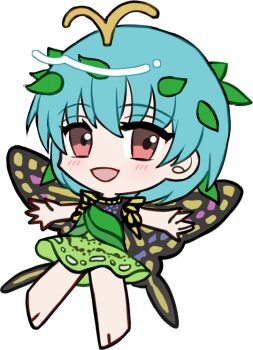 1girl :d antennae barefoot blue_hair blush butterfly_wings chibi chibi_only dress eternity_larva full_body green_dress insect_wings leaf leaf_on_head looking_at_viewer mirei_(miirei) open_mouth outstretched_arms red_eyes short_dress short_hair simple_background sleeveless sleeveless_dress smile solo spread_arms touhou transparent_background wings