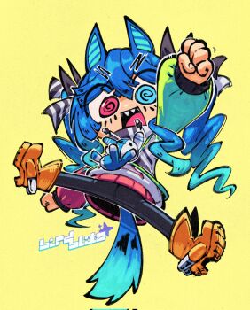 1girl @_@ animal_ears aqua_hair artist_name birdblitz black_leggings blue_eyes blue_hair boots bow chibi chibi_only clenched_hands commentary corrupted_twitter_file crossed_bangs drawstring english_commentary full_body green_background hair_bow heterochromia highres hood hoodie horse_ears horse_girl horse_tail leggings long_hair long_sleeves looking_at_viewer midair multicolored_hair multicolored_hoodie no_ahoge pink_eyes raised_fist sharp_teeth sidelocks solo spread_legs striped_bow stuffed_animal stuffed_rabbit stuffed_toy tail teeth twin_turbo_(blast_mode!_turbo_engine)_(umamusume) twin_turbo_(umamusume) twintails two-tone_hair umamusume yellow_boots