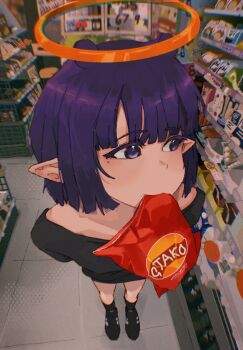 1girl alternate_costume bag_of_chips black_shirt black_shoes chips_(food) commentary convenience_store english_commentary food halo highres hololive hololive_english indoors mouth_hold ninomae_ina'nis orange_halo peebdesu pointy_ears potato_chips purple_eyes purple_hair shirt shoes shop solo tentacle_hair virtual_youtuber