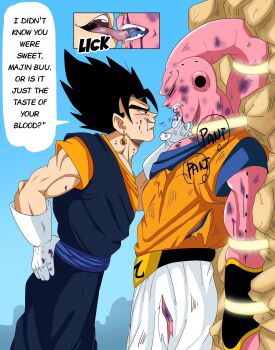 Rule 34 | 2boys, black hair, blood, blood from mouth, bound, bound wrists, colored skin, dragon ball, dragonball z, english text, french kiss, injury, kiss, looking at another, majin buu, majinbuusama, male focus, multiple boys, muscular, muscular male, nosebleed, open mouth, pants, pectorals, pink skin, restrained, short hair, smile, speech bubble, spiked hair, super buu, tongue, tongue out, torn clothes, vegetto, yaoi