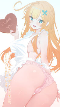 1girl absurdres apron ass blonde_hair blue_eyes braid breasts cameltoe chocolate cowboy_shot cowlick english_text escoffier_(genshin_impact) food genshin_impact hair_ornament heart heart_in_eye heart_print_panties heart_print highres holding holding_chocolate holding_food holding_heart long_hair looking_at_viewer looking_back medium_breasts mixed-language_commentary nearly_naked_apron neurotic_neko open_mouth panties pasties print_panties sideboob smile solo sparkle sparkling_eyes symbol_in_eye underwear white_apron