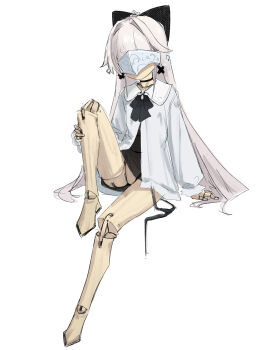 1girl absurdres astrae_oratio black_bow black_panties bow commentary covered_eyes doll_(astrae_oratio) doll_joints dress eye_mask full_body hair_bow highres invisible_chair joints long_hair long_sleeves mask panties panties_around_leg shenqi_xiaohuang simple_background sitting sketch solo underwear white_background white_dress white_hair