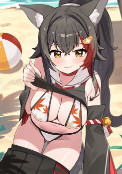 1girl animal_ears ball beachball bikini bikini_under_clothes black_hair black_skirt blush breasts clothes_lift clothes_pull detached_sleeves hair_ornament hairclip highres hololive large_breasts lifting_own_clothes looking_at_viewer multicolored_hair navel ookami_mio outdoors ponytail print_bikini red_hair shirt_lift sitting skirt skirt_pull smile solo streaked_hair swimsuit tail virtual_youtuber white_bikini wolf_ears wolf_girl wolf_tail woogi_(duguddnr)