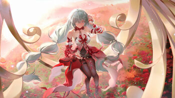 1girl bare_shoulders black_pantyhose blue_eyes braid breasts chinese_commentary closed_mouth commentary_request dress field flower flower_field full_body green_eyes green_hair hair_over_one_eye highres liangji_uu long_hair looking_at_viewer low-braided_long_hair low-tied_long_hair low_twintails nail_polish outdoors pantyhose phrolova_(wuthering_waves) red_flower red_nails smile solo spider_lily twintails very_long_hair wuthering_waves