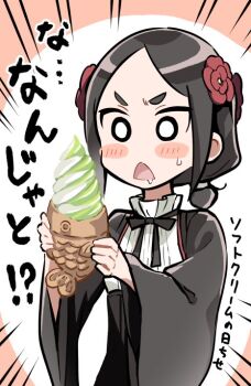 Rule 34 | 1girl, black hair, blush stickers, emphasis lines, flower, food, hair flower, hair ornament, hikimayu, ice cream, niina ryou, princess principal, school uniform, solo, taiyaki, toudou chise, triangle mouth, wagashi, wide sleeves