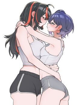 2girls absurdres ahoge arms_around_neck ass bare_shoulders belle_(zenless_zone_zero) black_hair black_shorts blue_hair blush breast_press breasts cleavage closed_mouth commentary_request cowboy_shot crop_top dolphin_shorts eye_contact from_side green_eyes grey_shorts half-closed_eyes highres hug large_breasts long_hair looking_at_another medium_breasts multicolored_hair multiple_girls red_eyes red_hair red_streaks shirt short_hair shorts simple_background smile streaked_hair white_background white_shirt yoonsun yuri zenless_zone_zero zhu_yuan