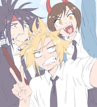 1girl 2boys aqua_eyes bervens12 black_hair black_jacket black_necktie blonde_hair blue_background blue_coat brown_hair chainsaw_man cigarette clenched_teeth cloud_strife coat collared_shirt cosplay cross-shaped_pupils denji_(chainsaw_man) denji_(chainsaw_man)_(cosplay) final_fantasy final_fantasy_vii furrowed_brow hair_between_eyes hand_in_another&#039;s_hair hand_on_another&#039;s_head hayakawa_aki hayakawa_aki_(cosplay) heterochromia highres horns jacket katana long_hair multiple_boys necktie open_mouth ponytail power_(chainsaw_man) power_(chainsaw_man)_(cosplay) red_eyes red_horns sharp_teeth shirt short_hair sketch sleeves_rolled_up smile smoking spiked_hair sword sword_on_back symbol-shaped_pupils teeth v vincent_valentine weapon weapon_on_back white_shirt yuffie_kisaragi