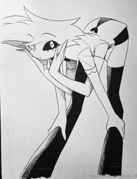 Rule 34 | 1boy, absurdres, angel dust, ballpoint pen (medium), bent over, body fur, bow, bowtie, closed mouth, colored sclera, commentary request, cropped legs, crosshatching, elbow gloves, expressionless, extra arms, facial mark, fewer digits, gloves, grey background, greyscale, hands on own cheeks, hands on own face, hands on own legs, hands up, hatching (texture), hazbin hotel, heart, hellaverse, high contrast, highres, looking at viewer, male focus, menma (enaic31), mismatched sclera, monochrome, no nose, pen (medium), raised eyebrows, shirt, short shorts, shorts, simple background, solo, thighhighs, traditional bowtie, traditional media