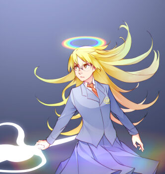 1girl angel awakening_(toaru) blonde_hair blue_skirt closed_mouth collared_shirt commentary cowboy_shot emblem energy energy_sword english_commentary fuse=kazakiri glasses glowing glowing_halo glowing_sword glowing_weapon grey_background grey_jacket halo highres holding holding_sword holding_weapon jacket kazakiri_hyouka kirigaoka_girls&#039;_academy_school_uniform long_hair long_sleeves looking_to_the_side medium_skirt multicolored_eyes multicolored_halo necktie nose pleated_skirt rainbow_eyes rainbow_halo red_necktie rimless_eyewear round_eyewear school_emblem school_uniform serious shirt skirt solo standing sword toaru_majutsu_no_index toaru_majutsu_no_index:_old_testament vilatile weapon white_shirt winter_uniform