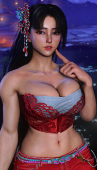 1girl black_hair breasts brown_eyes bustier cleavage corset fatal_fury game_screenshot hair_ornament large_breasts long_hair looking_at_viewer pants red_bustier red_pants scboy1996 shiranui_mai street_fighter street_fighter_6 tagme watermark