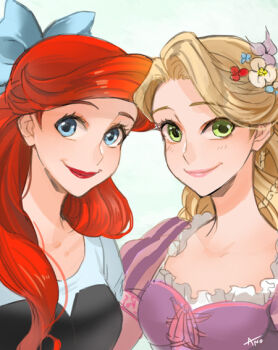 Rule 34 | 2girls, ano (sbee), ariel (disney), artist name, black dress, blonde hair, blue eyes, breasts, crossover, disney, dress, eyelashes, green eyes, hair ribbon, happy, lipstick, long hair, looking at viewer, makeup, medium breasts, multiple girls, pink dress, purple dress, rapunzel (disney), red hair, ribbon, shirt, simple background, smile, tangled, the little mermaid (disney), white background, white shirt