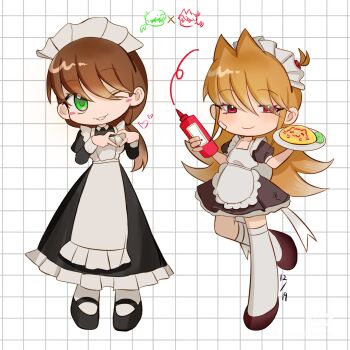 Rule 34 | 2girls, alternate costume, animification, apron, black dress, black shoes, blush, brown hair, chinese commentary, commentary request, commission, deformed, dress, eddsworld, ell (eddsworld), enmaided, food, full body, green eyes, hair bobbles, hair ears, hair ornament, heart, heart hands, highres, holding, holding food, holding plate, long dress, long hair, looking at viewer, low ponytail, maid, maid apron, maid headdress, mu997239, multiple girls, omelet, one eye closed, outline, pantyhose, plate, ponytail, red eyes, shoes, smile, standing, standing on one leg, thighhighs, tori (eddsworld), white apron, white pantyhose, white thighhighs