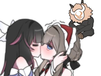 Rule 34 | 1other, 22 rink, 2girls, bare shoulders, black hair, blue eyes, blush, closed eyes, columbina (genshin impact), dress, genshin impact, grey hair, highres, hilichurl (genshin impact), kiss, maid headdress, multiple girls, off-shoulder dress, off shoulder, purple streaks, sandrone (genshin impact), simple background, tears, trembling, white background, yuri