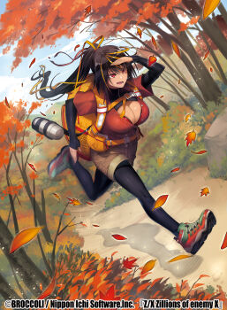Rule 34 | 1girl, autumn, backpack, bag, black hair, black pantyhose, blonde hair, breasts, brown shorts, cleavage, copyright notice, green shoes, hair ribbon, high ponytail, highres, ichibakase hajime, ishibashi yosuke, jacket, large breasts, leaf, long hair, maple leaf, multicolored hair, multicolored shoes, official art, open mouth, orange bag, outdoors, pantyhose, ponytail, red eyes, red jacket, red shoes, ribbon, running, salute, shoes, shorts, solo, teeth, tumbler, yellow ribbon, z/x