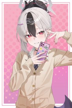 1girl alternate_costume black_hair black_necktie blue_archive blush cardigan cellphone collared_shirt commentary_request demon_girl demon_horns demon_wings diagonal-striped_clothes diagonal-striped_necktie ear_piercing grey_halo hair_between_eyes hair_bun halo highres holding holding_phone horns kayoko_(blue_archive) looking_at_viewer multicolored_hair necktie phone piercing ran_(gcrm8377) red_eyes shirt single_sidelock single_wing smartphone solo striped_clothes two-tone_hair v white_hair white_shirt wings yellow_cardigan